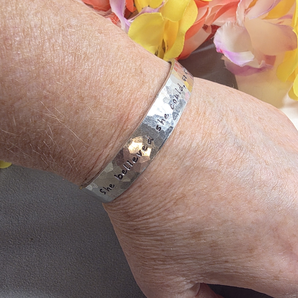 Hammered Artisan Stamped Inspirational Bracelet Bangle Silver Toned